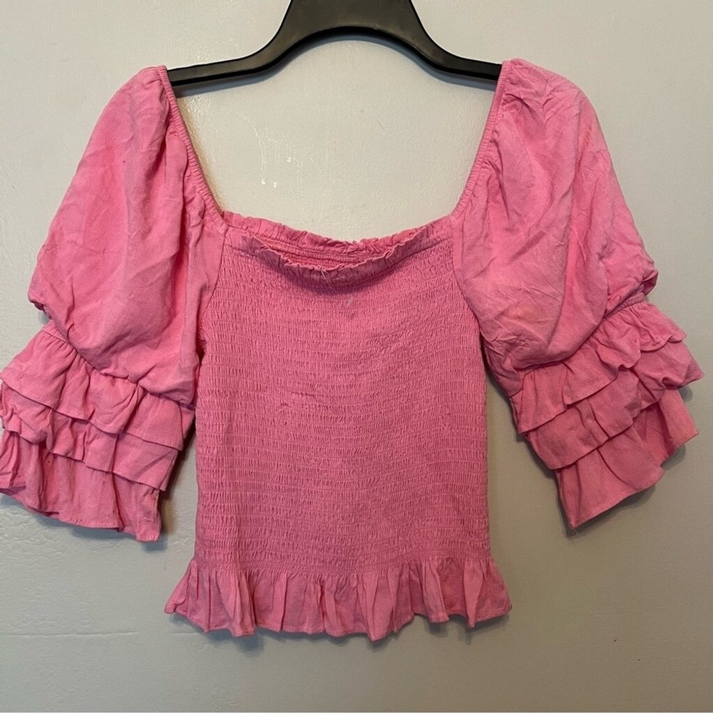 Altar'd State Pink Smocked Ruffle Puff Sleeve Top Square Neck Womens S‎ Milkmaid